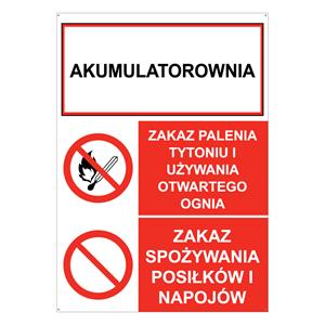 AKUMULATOROWNIA - ZAKAZ PALENIA TYTONIU... - ZAKAZ SPOŻYWANIA POSIŁKÓW..., płyta PVC 2 mm z dziurkami, 105 x 148 mm