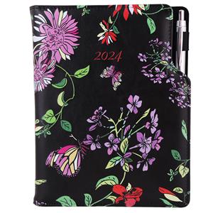 Diary DESIGN daily A4 2024 - black - flowers