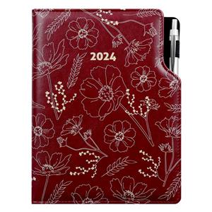 Diary DESIGN daily A4 2024 - claret - flowers