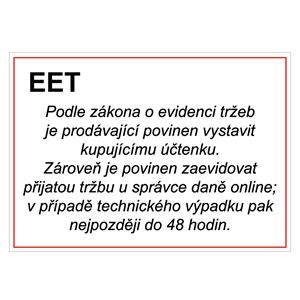 EET Elektronická evidence tržeb - bezpečnostní tabulka, plast 0,5 mm, A4 - bezpečnostní tabulka, plast 0,5 mm, A4