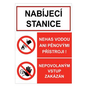 NABÍJECÍ STANICE - NEHAS VODOU - NEPOVOLANÝM VSTUP ZAKÁZÁN, plast 2 mm, A4