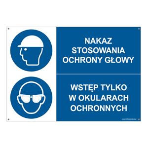 NAKAZ STOSOWANIA OCHRONY GŁOWY - WSTĘP TYLKO W OKULARACH..., ZNAK ŁĄCZONY, płyta PVC 2 mm z dziurkami, 297x210 mm