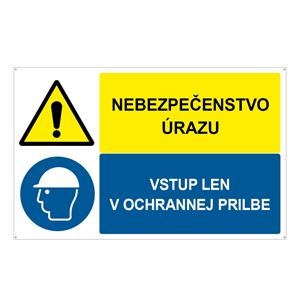 Nebezpečenstvo úrazu-Vstup len v ochrannej prilbe, kombinácia, plast 2mm s dierkami-95x60mm