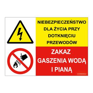 NIEBEZPIECZEŃSTWO DLA ŻYCIA PRZY... - ZAKAZ GASZENIA WODĄ I PIANĄ, ZNAK ŁĄCZONY, płyta PVC 1 mm, 297x210 mm