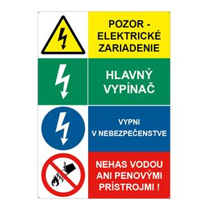 Pozor el. zariadenie-Hlavný vypínač-Vypni v nebezpečenstve-Nehas vodou, kombinácia, plast 2mm s dierkami-148x210mm