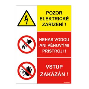 POZOR ELEKTRICKÉ ZAŘÍZENÍ - NEHAS VODOU ANI PĚNOVÝMI PŘÍSTROJI - VSTUP ZAKÁZÁN, plast 2 mm, A5