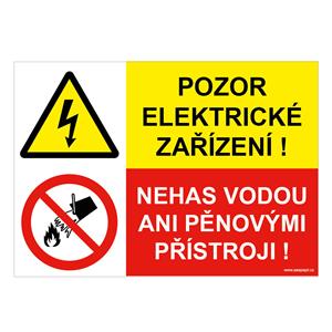 POZOR ELEKTRICKÉ ZAŘÍZENÍ - NEHAS VODOU, KOMBINACE, plast 1 mm, 297x210 mm