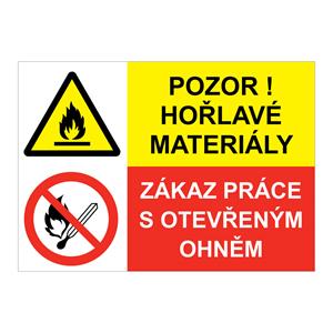 Pozor na hořlavé materiály - zákaz práce s otevřeným ohněm, kombinace, samolepka a5