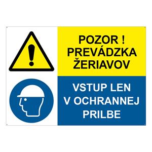 Pozor! Prevádzka žeriavov-Vstup len v ochrannej prilbe, kombinácia, plast 2mm s dierkami-210x148mm