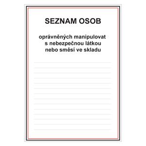 Seznam osob oprávněných manipulovat s nebezpečnou látkou nebo směsí ve skadu, plast 1 mm, a4