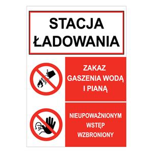 STACJA ŁADOWANIA - ZAKAZ GASZENIA WODĄ I PIANĄ - NIEUPOWAŻNIONYM WSTĘPN WZBRONIONY, naklejka 210x297 mm