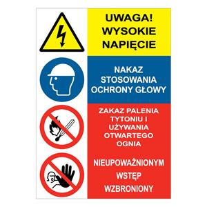 UWAGA!... - NAKAZ STOSOWANIA OCHRONY... - ZAKAZ PALENIA... - NIEUPOWAŻNIONYM…, naklejka 148x210 mm