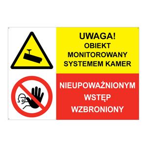 UWAGA! OBIEKT MONITOROWANY... - NIEUPOWAŻNIONYM WSTĘP WZBRONIONY, ZNAK ŁĄCZONY, płyta PVC 2 mm z dziurkami, 210x148 mm