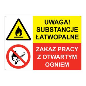 UWAGA! SUBSTANCJE ŁATWOPALNE - ZAKAZ PRACY Z OTWARTYM OGNIEM, ZNAK ŁĄCZONY, płyta PVC 2 mm z dziurkami, 297x210 mm