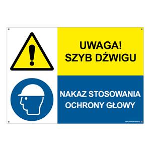 UWAGA SZYB DŹWIGU - NAKAZ STOSOWANIA OCHRONY GŁOWY, ZNAK ŁĄCZONY, płyta PVC 2 mm z dziurkami, 210x148 mm