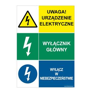 UWAGA! URZĄDZENIE ELE…- WYŁĄCZNIK GŁÓWNY - WYŁĄCZ W NIEBEZPIECZEŃSTWIE, płyta PVC 1 mm, 148x210 mm