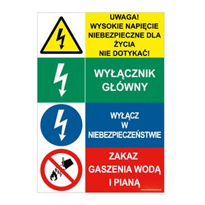 UWAGA! WYSOKIE NAPIĘCIE... - WYŁĄCZNIK GŁÓWNY - WYŁĄCZ W NIEBEZ... - ZAKAZ GASZENIA…, płyta PVC 1 mm, 148x210 mm