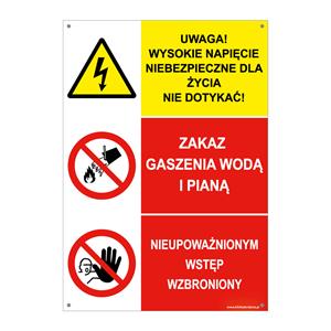 UWAGA! WYSOKIE NAPIĘCIE...- ZAKAZ GASZENIA WODĄ I PIANĄ - NIEUPOWAŻNIONYM WSTĘP…, płyta PVC 2 mm z dziurkami, 148x210 mm