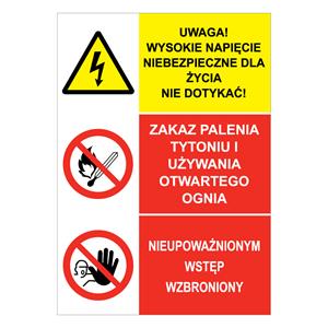 UWAGA! WYSOKIE NAPIĘCIE... - ZAKAZ PALENIA TYTONIU... - NIEUPOWAŻNIONYM..., płyta PVC 2 mm, 148x210 mm