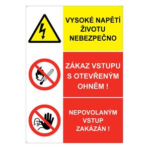 VYSOKÉ NAPĚTÍ ŽIVOTU NEBEZPEČNO - ZAKAZ VSTUPU S OTEVŘENYM OHNĚM - NEPOVOLANÝM VSTUP ZAKÁZÁN, plast 2 mm s dírkami 297x21