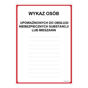 WYKAZ OSÓB UPOWAŻNIONYCH DO OBSŁUGI NIEBEZPIECZNYCH SUBSTANCJI LUB MIESZANIN NA MAGAZYNIE, płyta PVC 1 mm, 210x297 mm