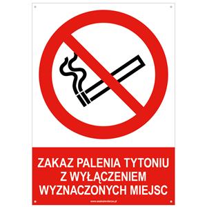 ZAKAZ PALENIA TYTONIU Z WYŁĄCZENIEM WYZNACZONYCH MIEJSC - znak BHP z dziurkami, płyta PVC A5, 2 mm