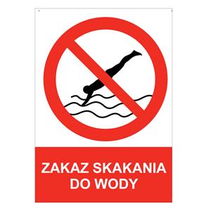 ZAKAZ SKAKANIA DO WODY - znak BHP z dziurkami, płyta PVC A5, 2 mm