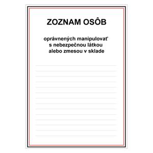 Zoznam osôb oprávnených manipulovať, plast 2mm 210x297mm